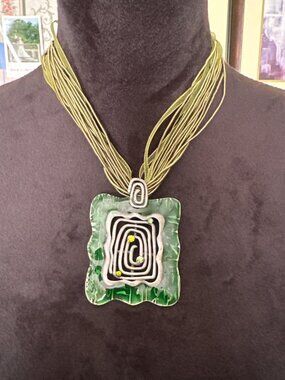 Multistrand Green Cord Necklace With Abstract Pendant & Adjustable Chain